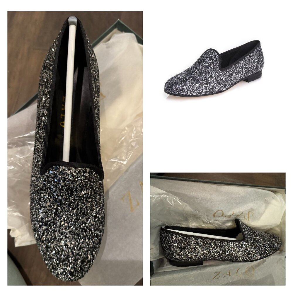 Zalo Gentry Flat Oxford Pewter Glitter Black Silver Tweed Metallic Loafers Spain